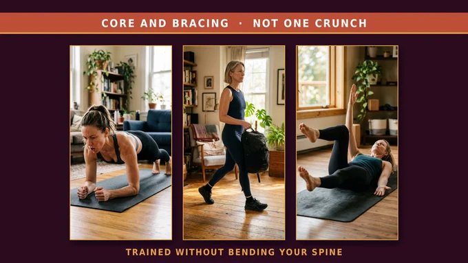Core and bracing, not one crunch: trained without bending your spine