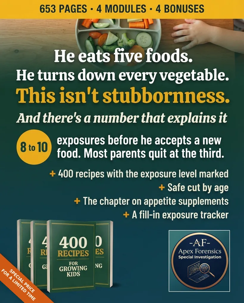 Eight to ten exposures before a child accepts a new food, and what the book carries: exposure level, safe cut by age, the supplement chapter and a fillable counter