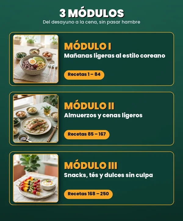 Los 3 módulos del recetario de dieta coreana