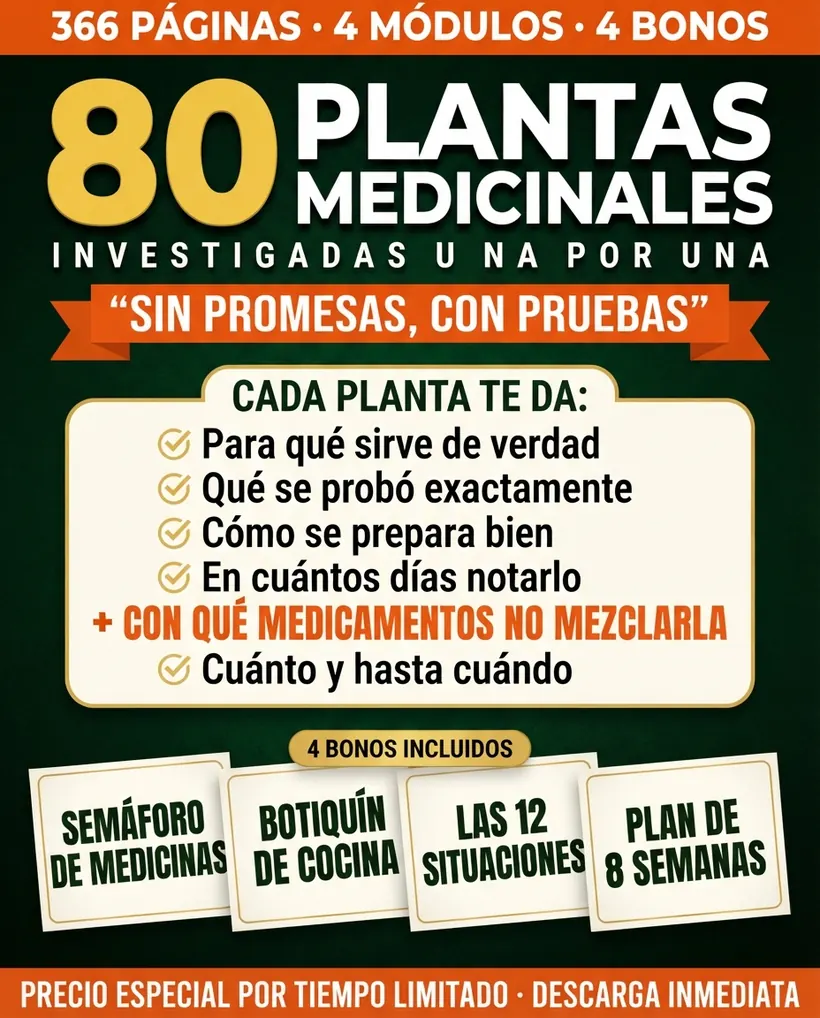 Lo que trae cada una de las 80 plantas: para qué sirve, qué se probó, cómo se prepara, en cuántos días notarlo, con qué no mezclarla y cuánto