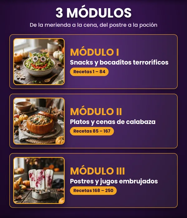 Los 3 módulos: snacks y bocaditos terroríficos, platos y cenas de calabaza, postres y jugos embrujados