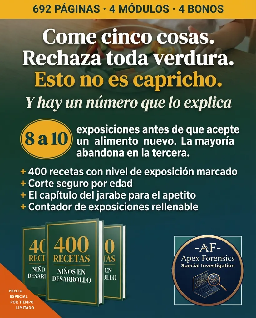 Ocho a diez exposiciones antes de que acepte un alimento nuevo, y lo que trae el libro: nivel de exposición, corte seguro por edad, el capítulo del jarabe y el contador rellenable