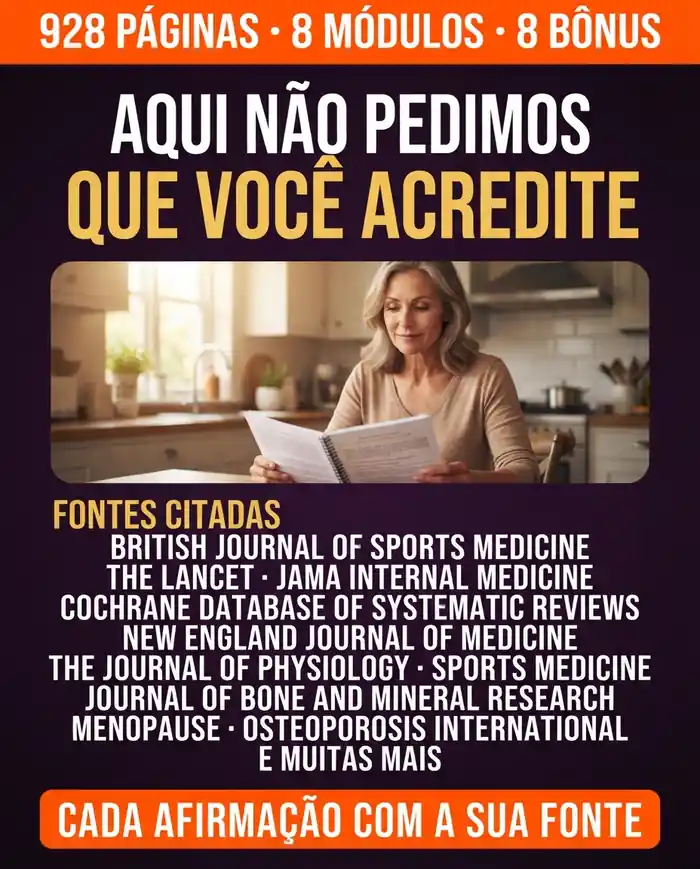 Fontes citadas: British Journal of Sports Medicine, The Lancet, JAMA Internal Medicine, Cochrane, New England Journal of Medicine, The Journal of Physiology, Sports Medicine, Journal of Bone and Mineral Research, Menopause e Osteoporosis International