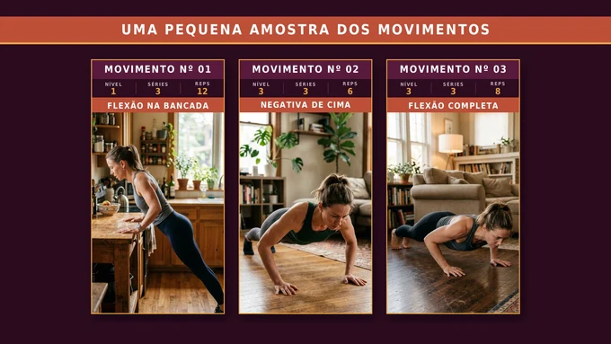 Uma pequena amostra dos movimentos: flexão na bancada, negativa de cima e flexão completa, com nível, séries e repetições