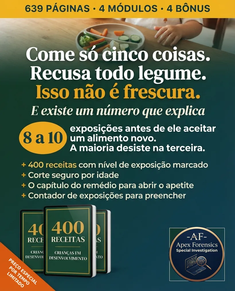 Oito a dez exposições antes de aceitar um alimento novo, e o que o livro traz: nível de exposição, corte seguro por idade, o capítulo do xarope e o contador para preencher
